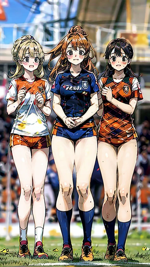 three woman,group shot,squat,open legs,torn uniform,background soccer field,orange color