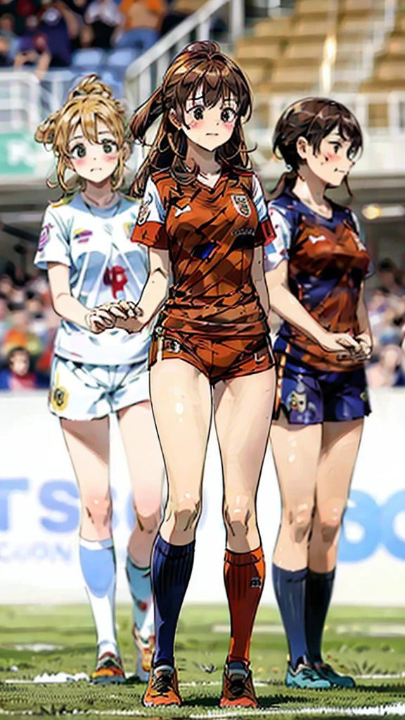 three woman,group shot,squat,open legs,torn uniform,background soccer field,orange color