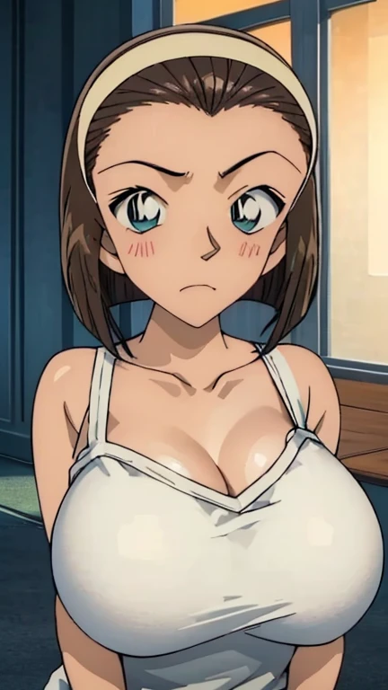 Looking into the camera、When I Look at You、lookatviewer、Anime Style、Eroge、1 Girl,  (Huge breasts:1.3), (Wear a tight white camisole、Thin strap camisole)、Low - Angle、Brown haired, hair band、Bob Hair、The forehead is visible、blush,