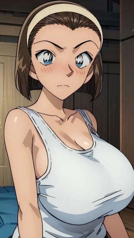 Looking into the camera、When I Look at You、lookatviewer、Anime Style、Eroge、1 Girl,  (Huge :1.3), (Wear a tight wle、Thin strap camisole)、Low - Angle、Brown haired, hair band、Bob Hair、The forehead is visible、blush,