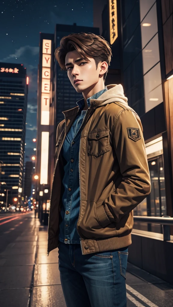 Anime, masterpiece, best quality, extremely detailed, hyperrealistic, photorealistic, Anime young boy 20 years, brown modern jacket, jeans, perfect face, hairstyle "Curtains", medium brown hairs, realistic skin, ultra detailed face:1.1, modern city, night, megapolis