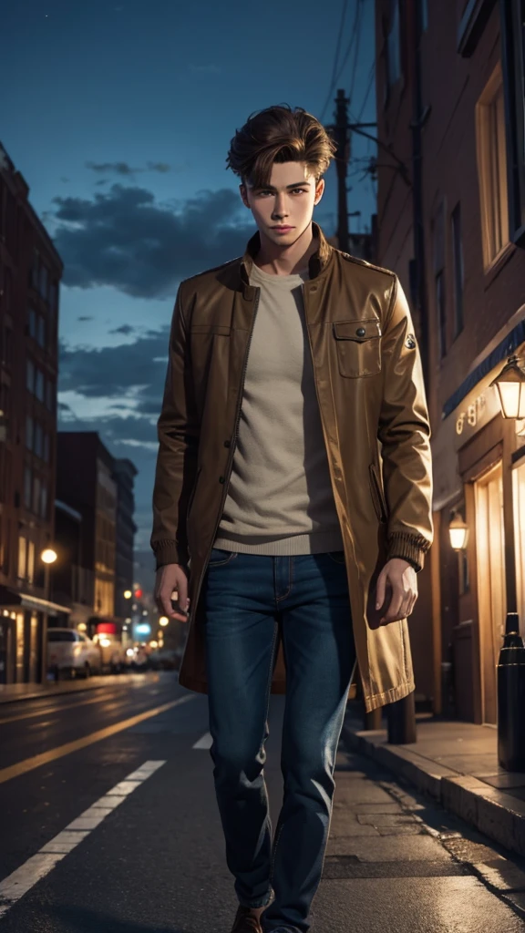 Anime, masterpiece, best quality, extremely detailed, hyperrealistic, photorealistic, Anime young boy 20 years, brown modern jacket, jeans, perfect face, hairstyle "Curtains", medium brown hairs, realistic skin, ultra detailed face:1.1, modern city, night, megapolis