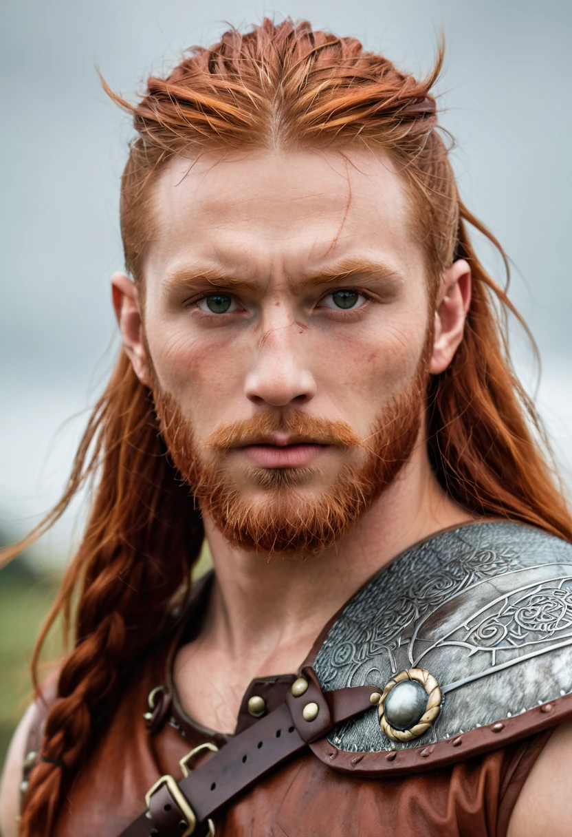 red-haired man, skin scars, viking, viking clothing, strong, muscular, serious facial expression, rpg art style, fantasy art style