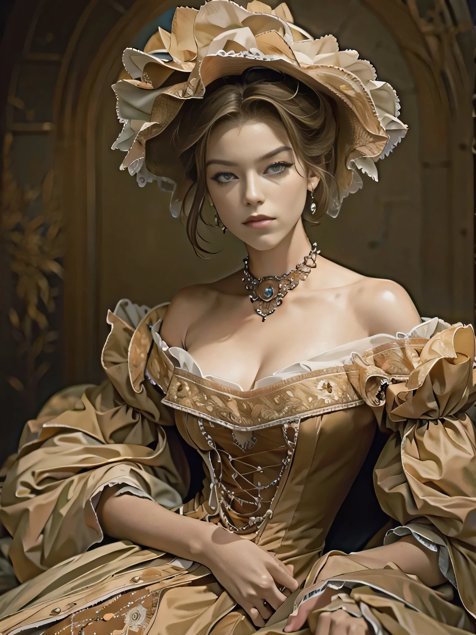 (Pure Color: 0.9), (Color: 1.1), (Masterpiece: 1,2), Top Quality, Masterpiece, High Resolution, Original, Highly Detailed Wallpaper, Beauty, Victorian, Dress, Melancholy, Big Breasts, Sepia Color, 40 years old