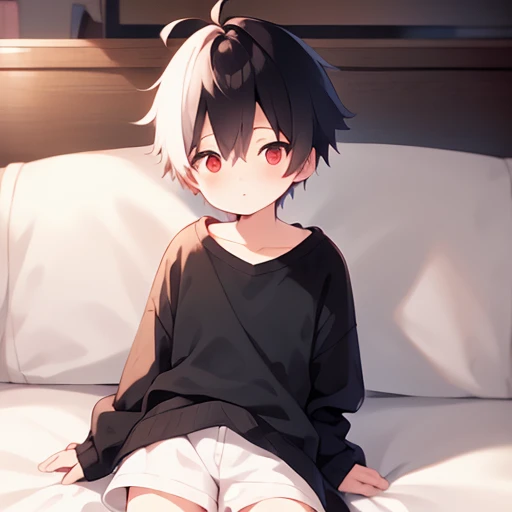 cute boy, Boy 1, 15 years old, Pinkish white skin, Short black hair, two-block style., red eyes, Wear shorts., Take off your shirt.., sitting on the bed,