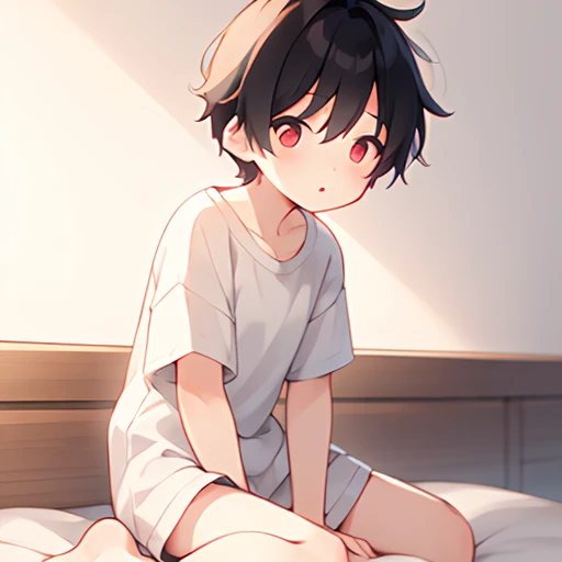 cute boy, Boy 1, 15 years old, Pinkish white skin, Short black hair, two-block style., red eyes, Wear shorts., Take off your shirt.., sitting on the bed,