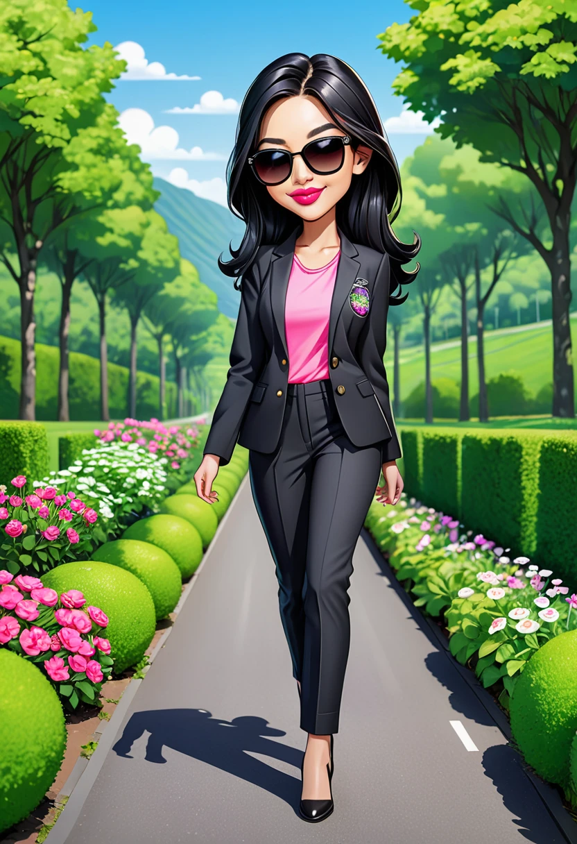 5D caricature of a beautiful woman of the best quality, 20 year old woman, solo, chibi cartoon portrait wearing an office jacket and matching trousers, walking on a beautiful green garden highway, natural scenery background, long flowing black hair, pink lips, shirt black, sunglasses, smile on his face, eyes closed