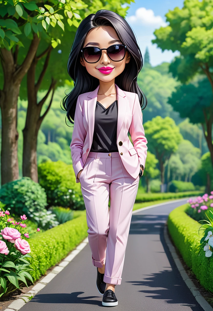 5D caricature of a beautiful woman of the best quality, 20 year old woman, solo, chibi cartoon portrait wearing an office jacket and matching trousers, walking on a beautiful green garden highway, natural scenery background, long flowing black hair, pink lips, shirt black, sunglasses, smile on his face, eyes closed