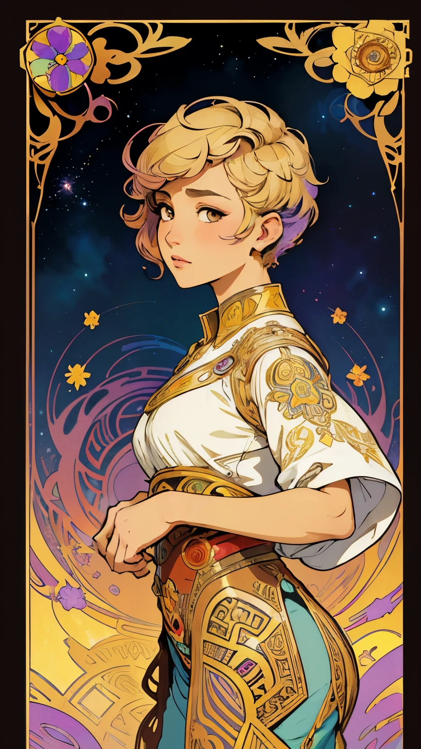 masterpiece, Egypt, Flower frame, Many kinds of flowers, Interstellar background, cloud, Decorative panels, Abstract Realism, Art, Alphonse Mucha (high resolution: 1.4), detailed, Color Splash, line Art, Vibrant colors, Many colors、(((((Short hairstyle))))、Brown eyes、gorgeous blonde、