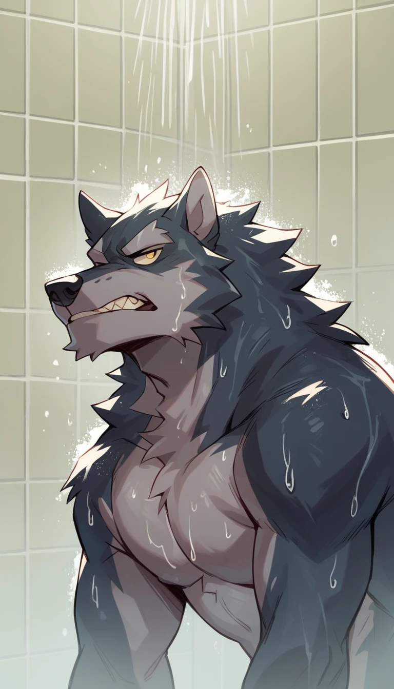Black Wolf called Vulgar from Far beyond the world visual novel taking a shower while being naked