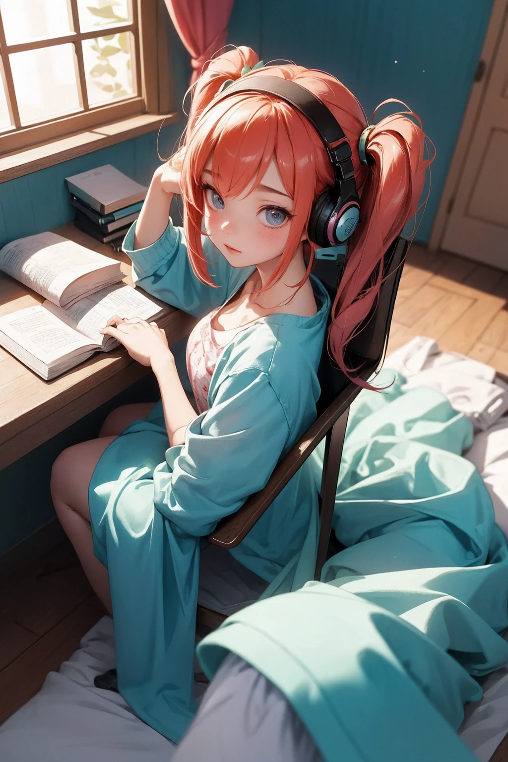 “Create a LoFi anime-style scene featuring a girl in her bedroom. The scene progresses through different activities. Initially, the girl is lying on her bed with headphones on. Next, she stands up with the headphones still on and starts cleaning the apartment. After that, she is shown ironing clothes. Finally, she is sitting at a desk or in an armchair, reading a book without the headphones. The room is spacious and beautifully decorated. The camera perspective should be slightly from above, like a bird’s eye view, to give an overview of the room and the girl’s activities.