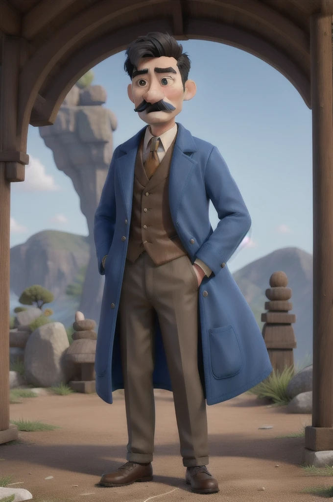 oriental man with very short hair in blue coat with thin mustache