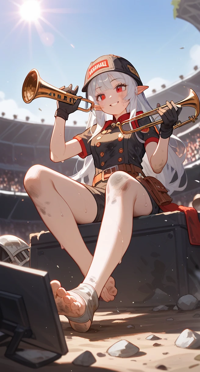 Fraction_9,Fraction_8_direction number_7_up,1 girl,Mudstone (Ark of Tomorrow),dirty,foot,Gloves,helmet,trumpet,Sole,Red eyes,barefoot,Pointed ears,breast,alone,long hair,white hair,black Gloves,toe,cap,foot部焦点,looking at the audience,sitting,Sweat,open lips,dirty foot,Keep,outdoor,sky空,Bangs,mineral disease lesions (Ark of Tomorrow),sky,Smile,blush,demon trumpet,infection monitor (Ark of Tomorrow),Foreshortening,sun,
