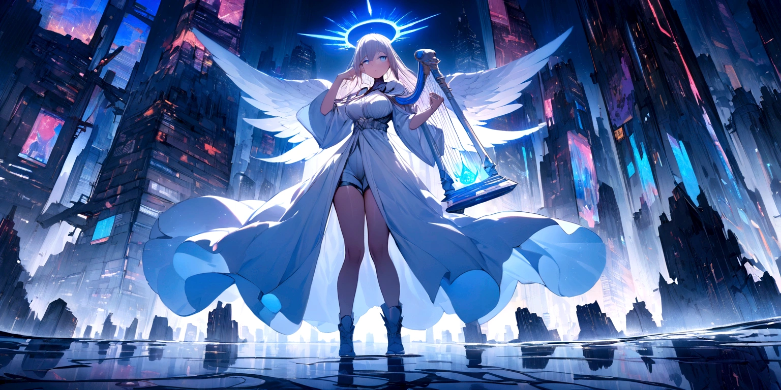 ((masterpiece, Highest quality, Best image quality, High resolution、４ｋ)) In the center of the screen is a giant female angel.、White Mask、Glowing white wings、wingは１０wing、Glowing halo、Calm expression。Wearing a flowing ethereal robe、god々Shining with a bright light。With a harp in his hand、Playing the Harp、Glowing blue eyes and advanced cybernetic enhancements. Seen in dynamic action poses, reflection on a smooth surface. The cityscape below is filled with towering skyscrapers., illuminated by colorful holographic advertisements, Shining with blue energy, Mighty power. The overall atmosphere is dark and mysterious., It had a futuristic techno vibe.. The lighting is dramatic, Intense highlights and deep shadows, Creates depth and tension