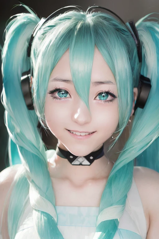 RAW Photos, ((((Extreme beauty portrait))), anime,hatsune miku,upper_body, Fine grain,Aqua Eye,Twin tails,masterpiece,Highest quality, null,, looking at viewer, smile,