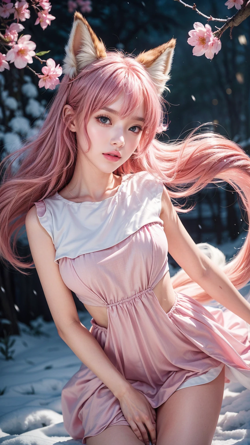Nine snow-white fox tails (1.0), Milky white fox tail (1.0), Nine-tailed fox close-up, Nine Tails, Nine Tails, Pink Hair、Wearing a pink dress、Anime girl with flowers in her hair, very Beautiful anime fox girl, Beautiful anime fox girl, Beautiful fantasy anime, Gu Weiss, Anime girl with fox ears, Beautiful anime girl, Very beautiful and cute fox girl, Pink flower rain, Background blur, Anime style 4k, Anime Fantasy Artwork, 4k anime wallpaper, Guvez-style artwork