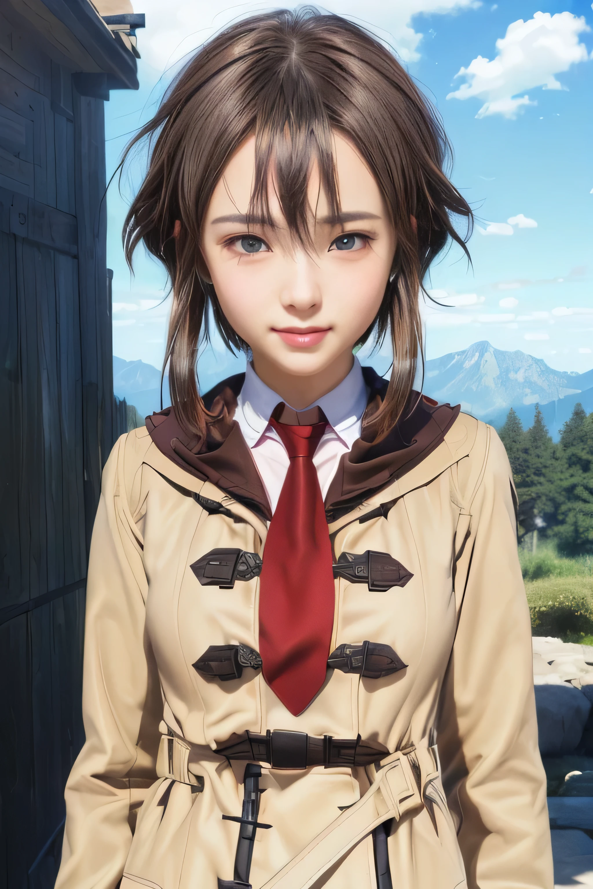 masterpiece, best quality, (realistic,photo-realistic:1.4), (RAW photo:1.2), extremely detailed CG unity 8k wallpaper, delicate and beautiful, amazing,finely detail, official art, absurdres, incredibly absurdres, huge filesize, ultra-detailed,extremely detailed eyes and face,light on face,sinon,(little smile),(short hair:1.4),(small breast:1.3),(black hair:1.3),(wearing coat:1.5),(nature background:1.3),sidelocks,(wearing red scarf:1.4),(brown bag:1.4)
