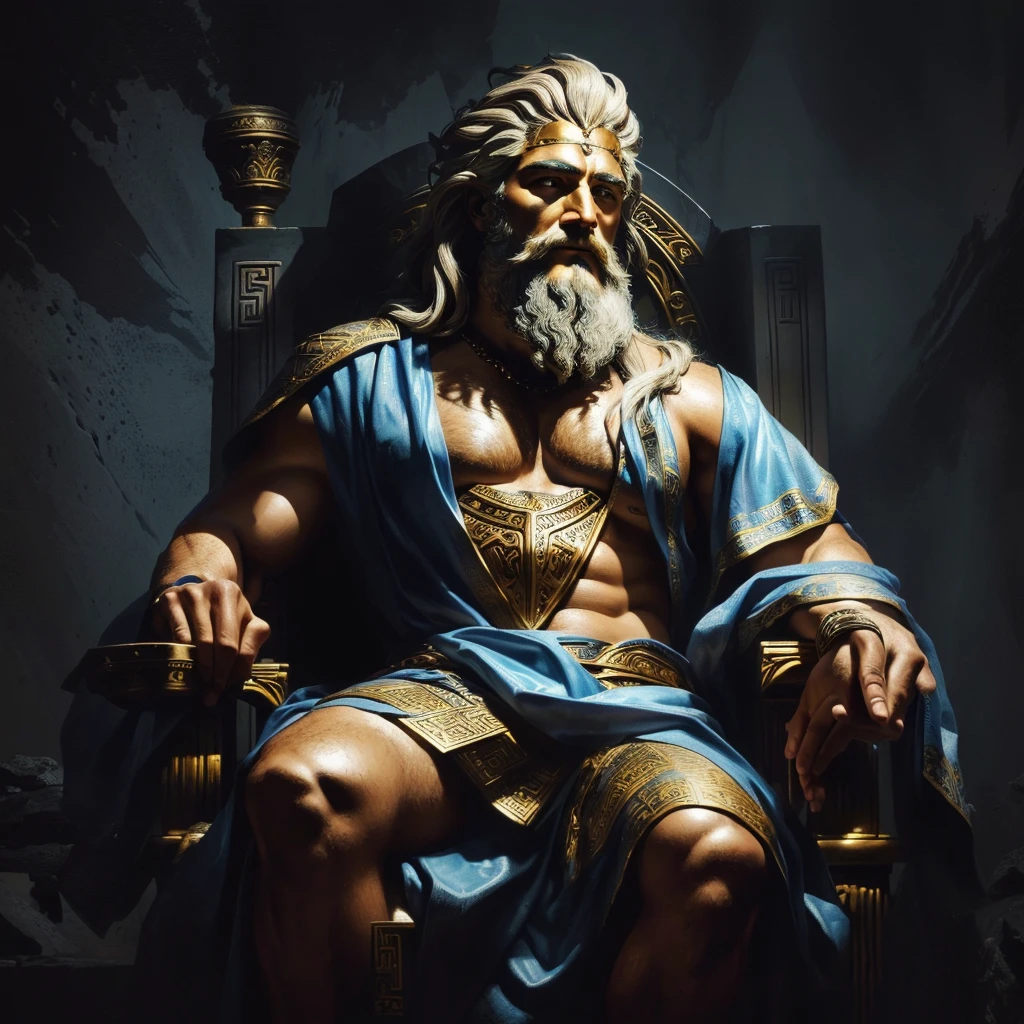 arafed image of a man sitting in a throne with a fire in his hand, furious god zeus, the god zeus, the god hades, epic scene of zeus, greek god, the god poseidon, ancient god, painted portrait of rugged zeus, ancient blacksmith god, father time, the god hephaestus, greek myth digital painting, norse god