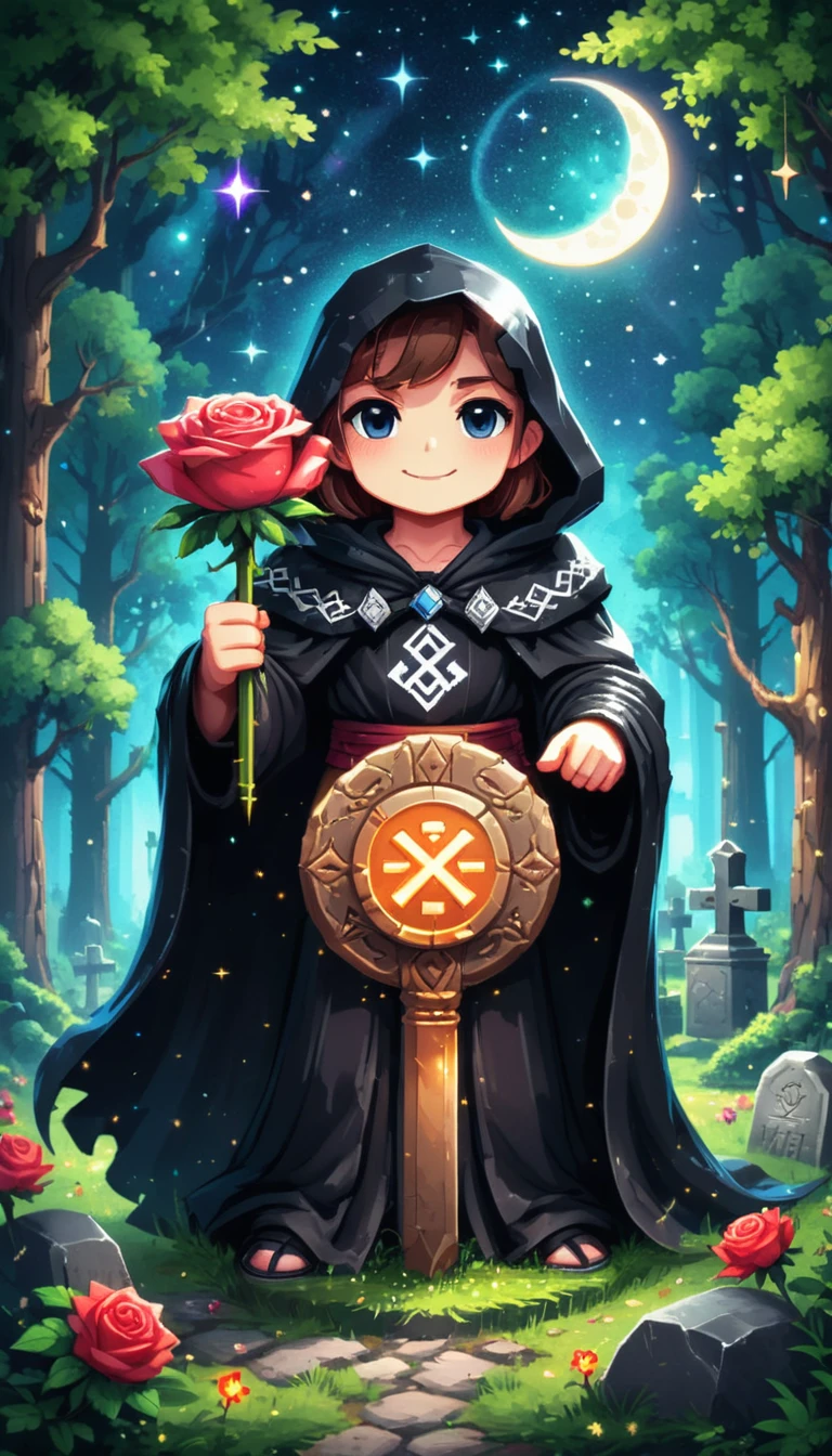 Bright Epic Pro (cute cartoon pixel illustration:1.2), (Masterpiece in maximum 16K resolution, excellent quality, extremely detail:1.3),  holding rose, standing next to a large gravestone, wears a dark cloak with glowing runes, in the middle of a forest cemetery, sparkles, Starry night with crescent moon.
