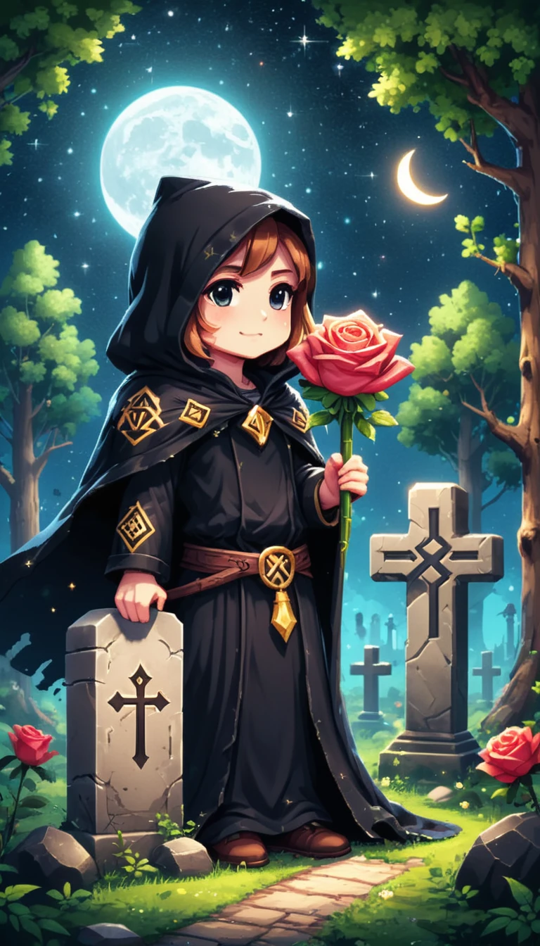 Bright Epic Pro (cute cartoon pixel illustration:1.2), (Masterpiece in maximum 16K resolution, excellent quality, extremely detail:1.3),  holding rose, standing next to a large gravestone, wears a dark cloak with glowing runes, in the middle of a forest cemetery, sparkles, Starry night with crescent moon.

