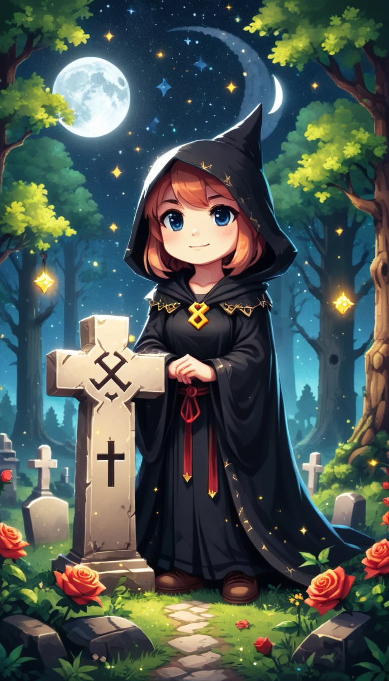 Bright Epic Pro (cute cartoon pixel illustration:1.2), (Masterpiece in maximum 16K resolution, excellent quality, extremely detail:1.3), holding rose, standing next to a large gravestone, wears a dark cloak with glowing runes, in the middle of a forest cemetery, sparkles, Starry night with crescent moon.