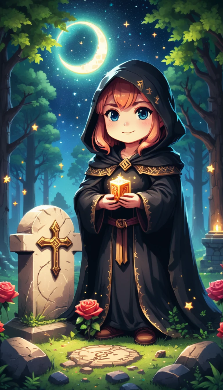 Bright Epic Pro (cute cartoon pixel illustration:1.2), (Masterpiece in maximum 16K resolution, excellent quality, extremely detail:1.3), holding rose, standing next to a large gravestone, wears a dark cloak with glowing runes, in the middle of a forest cemetery, sparkles, Starry night with crescent moon.