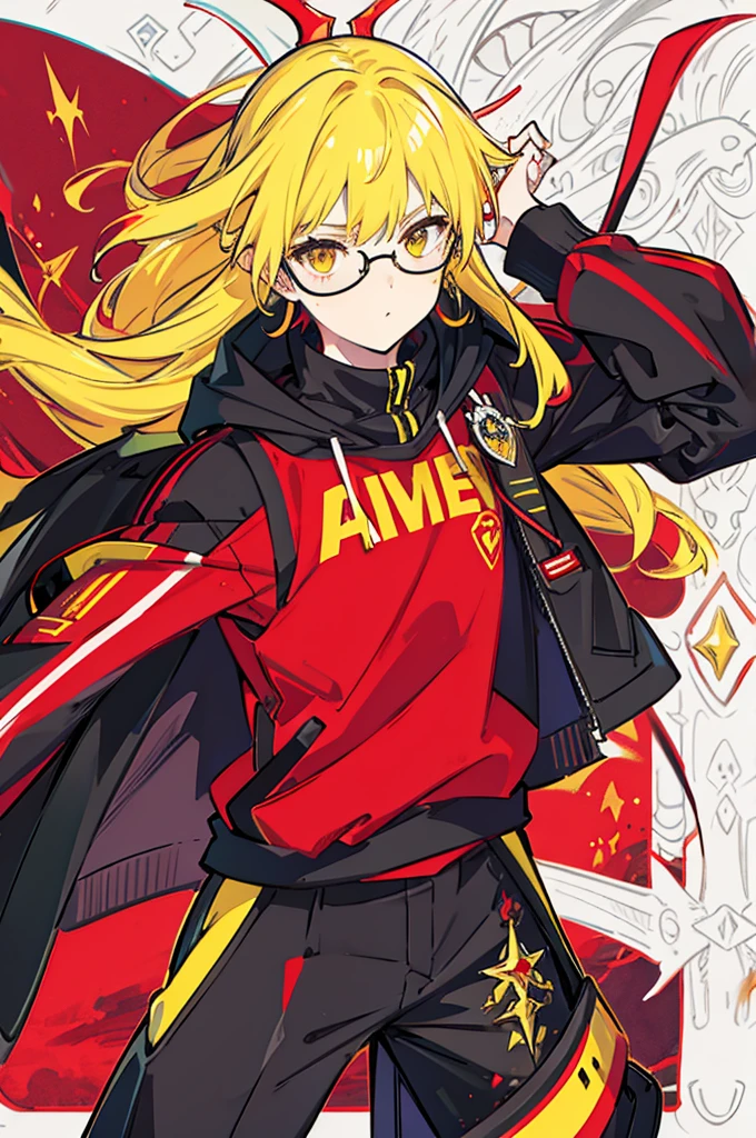 yellow hair, yellow eyes, black glasses, red headset, red jumper, Adonis, man, white background