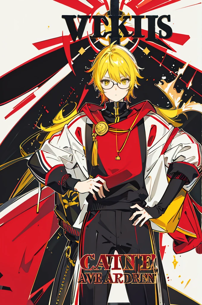 yellow hair, yellow eyes, black glasses, red headset, red jumper, Adonis, man, white background