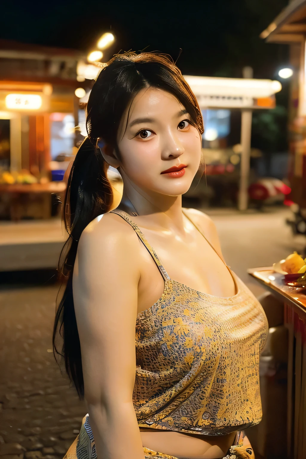 Image of a beautiful, slightly plump and voluptuous Thai woman with long hair tied in a ponytail cooking fried rice at a street food stall at night. She was wearing a thin white tank top (no bra) and batik sarong, and looked sweaty because of the heat from cooking. In the background, several people stand in line, waiting to be served. Lighting comes from several hanging bulbs, creating the warm and authentic atmosphere of an Indonesian street food stall.