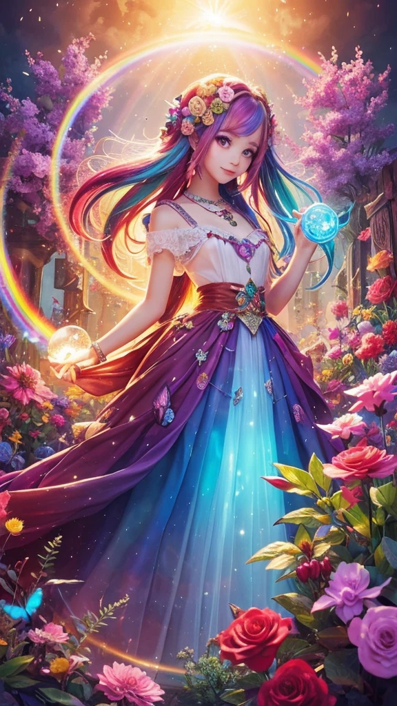 The image you provided appears to be a digital artwork featuring a character with vibrant, multi-colored hair holding a crystal. The background is filled with colorful elements like rainbows and flowers, creating a whimsical and fantastical atmosphere.
Waiting to start