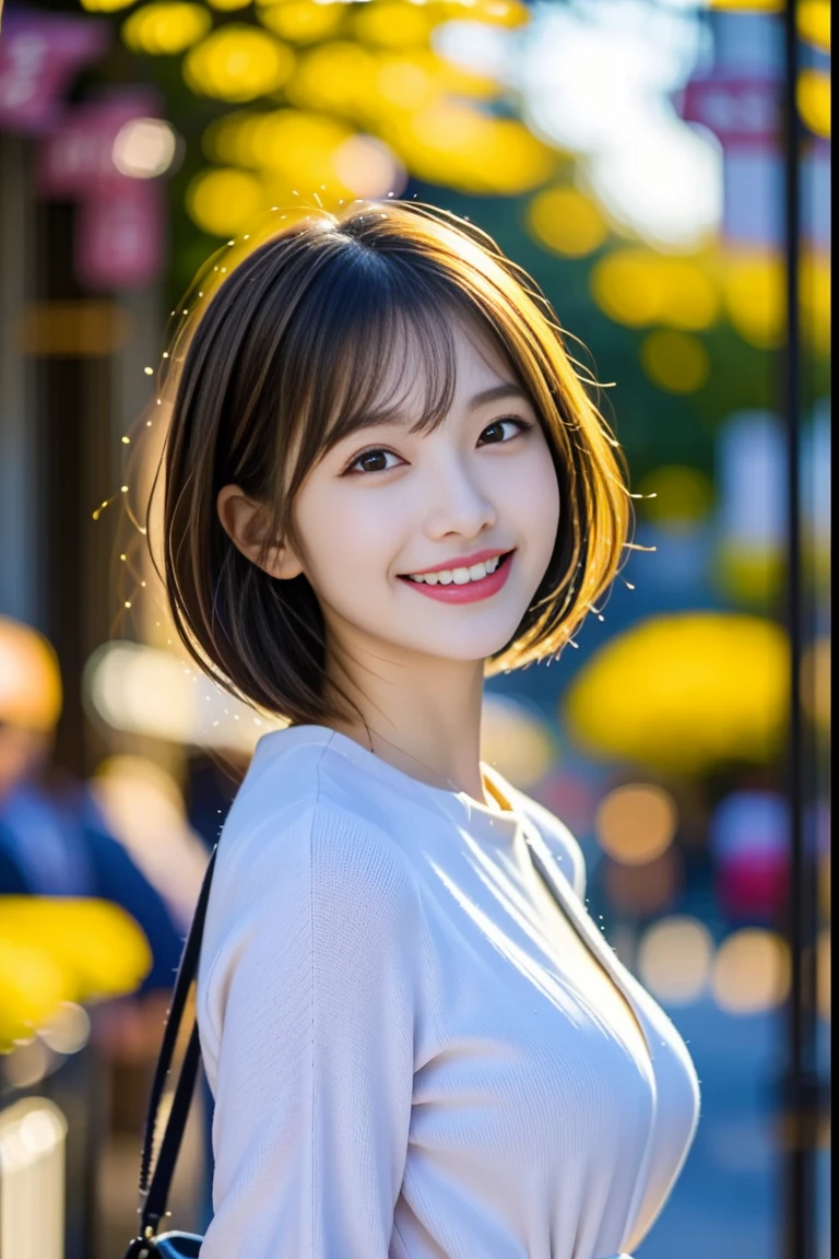 8K、best image quality、smile、masterpiece、spring、short hair、fine eyes、small breasts、A refreshing smile、Female college student、Dimples、New dresses for spring、Clear system、attending university、Ruck sack