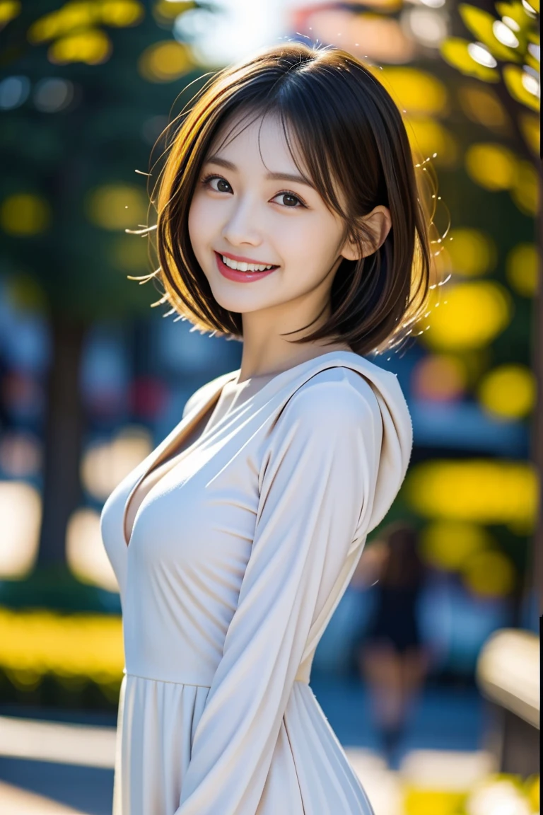 8K、best image quality、smile、masterpiece、spring、short hair、fine eyes、small breasts、A refreshing smile、Female college student、Dimples、New dresses for spring、Clear system、attending university、Ruck sack