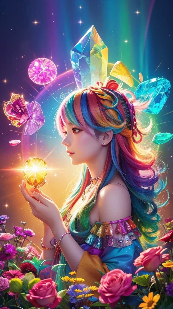The image you provided appears to be a digital artwork featuring a character with vibrant, multi-colored hair holding a crystal. The background is filled with colorful elements like rainbows and flowers, creating a whimsical and fantastical atmosphere.
Waiting to start 
