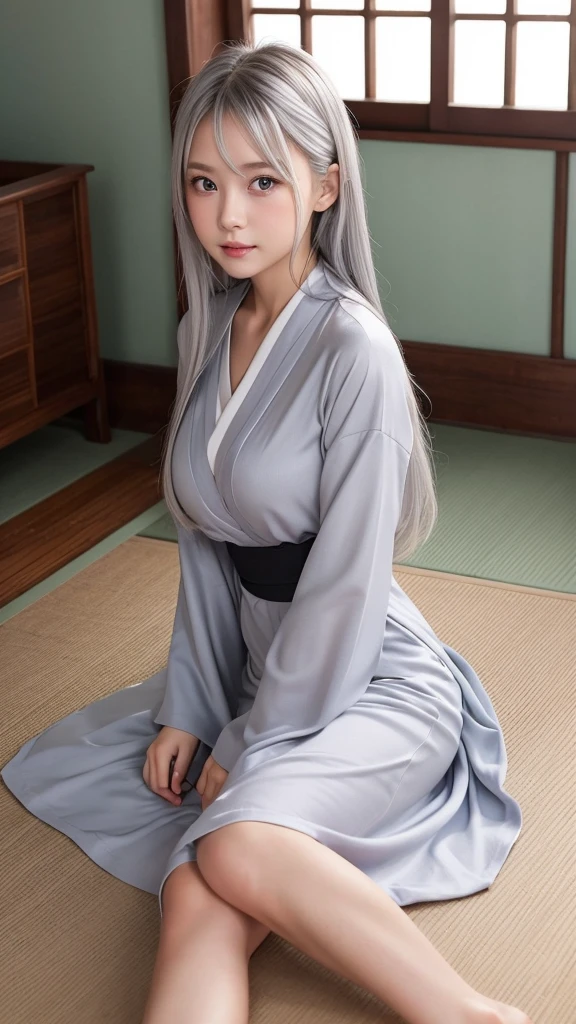 Highest quality、Swedish girls、１people、（hair silver）、（Gray Eyes）Baby Face、My breasts are a little large、Short、（A combination of dress and Japanese kimono）Short and sexy、