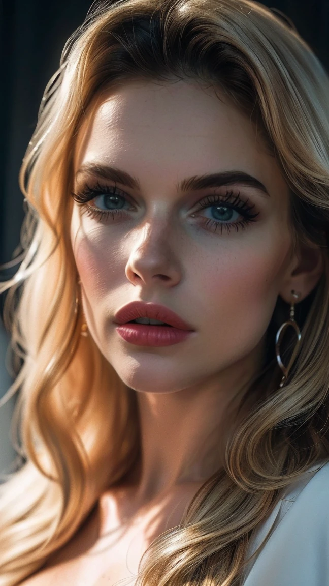 (((ultra realistic))) Photo, masterpiece, top quality, (pale skin), (Ultra detailed face and eyes:1.1), 1 girl, Adult, deep neckline, (Eye makeup, mascara) , ((large detailed lips)), ((blonde wavy hair)), ((Chyolka)) , ((Natural breasts)). ((Posing)), photoshoot, studio ((contour light)), (The play of light and shadows), depth of field, bokeh, (special attention to skin detail: 1.2), (Cold atmosphere of the frame, Bright colors, Colours black), ((portrait, close to the camera)) , ultra detialed, 