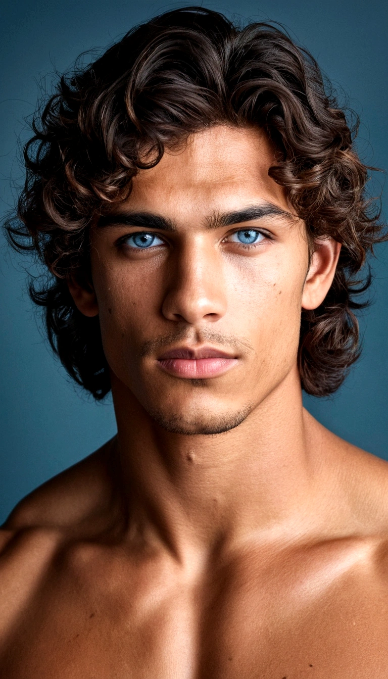 Portrait of a handsome Latin male model, 20 age old, With bare upper body, without beard, with dark and messy wavy hair, super light blue eyes, thick lips, defined muscles, fit, Torn body, Long shot, Ultra-highly detailed face, realisti, dimly light