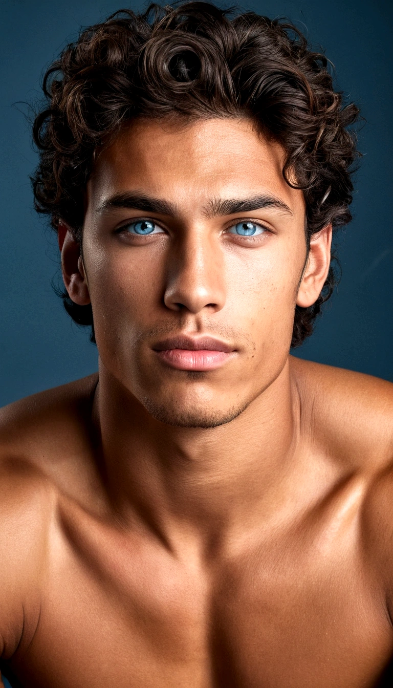 Portrait of a handsome Latin male model, 20 age old, With bare upper body, without beard, with dark and messy wavy hair, super light blue eyes, thick lips, defined muscles, fit, Torn body, Long shot, Ultra-highly detailed face, realisti, dimly light