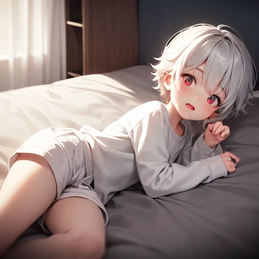 cute boy, Boy 1, 15 years old, Pinkish white skin, Short black hair, two-block style., red eyes, Wear shorts., Take off your shirt.., sitting on the bed,