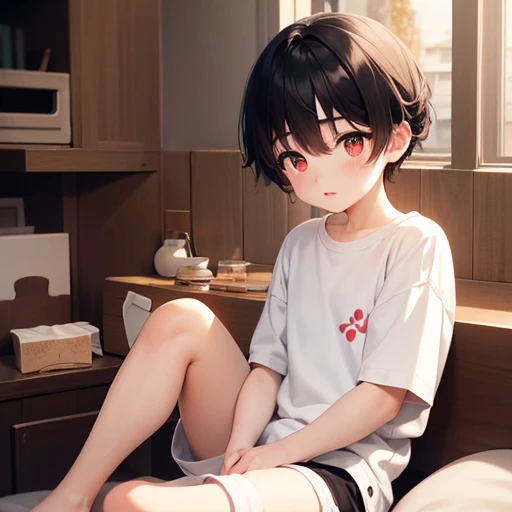 cute boy, Boy 1, 15 years old, Pinkish white skin, Short black hair, two-block style., red eyes, Wear shorts., Take off your shirt.., sitting on the bed,