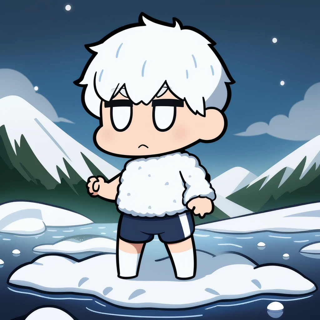 Masterpiece, best quality, very aesthetic, absurdres, create an image of anime male character and landscape in comedy chibi art style. up in the middle of dark high mountain, with blizzard snow and freezing temperatures, there are no shelter to be found. there is only a tiny hot spring available only. our male hero, wearing swimming trunk, take a dip into the hot spring to keep warm. chibi anime digital art, expressive chibi anime art, dynamic composition, anime style, highly detailed,