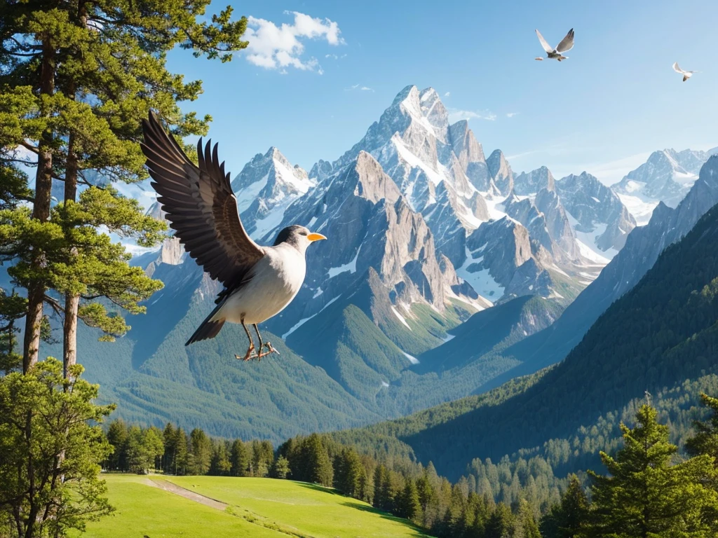 Beautiful forest, majestic bird flight, high mountains of the Alps, one bird