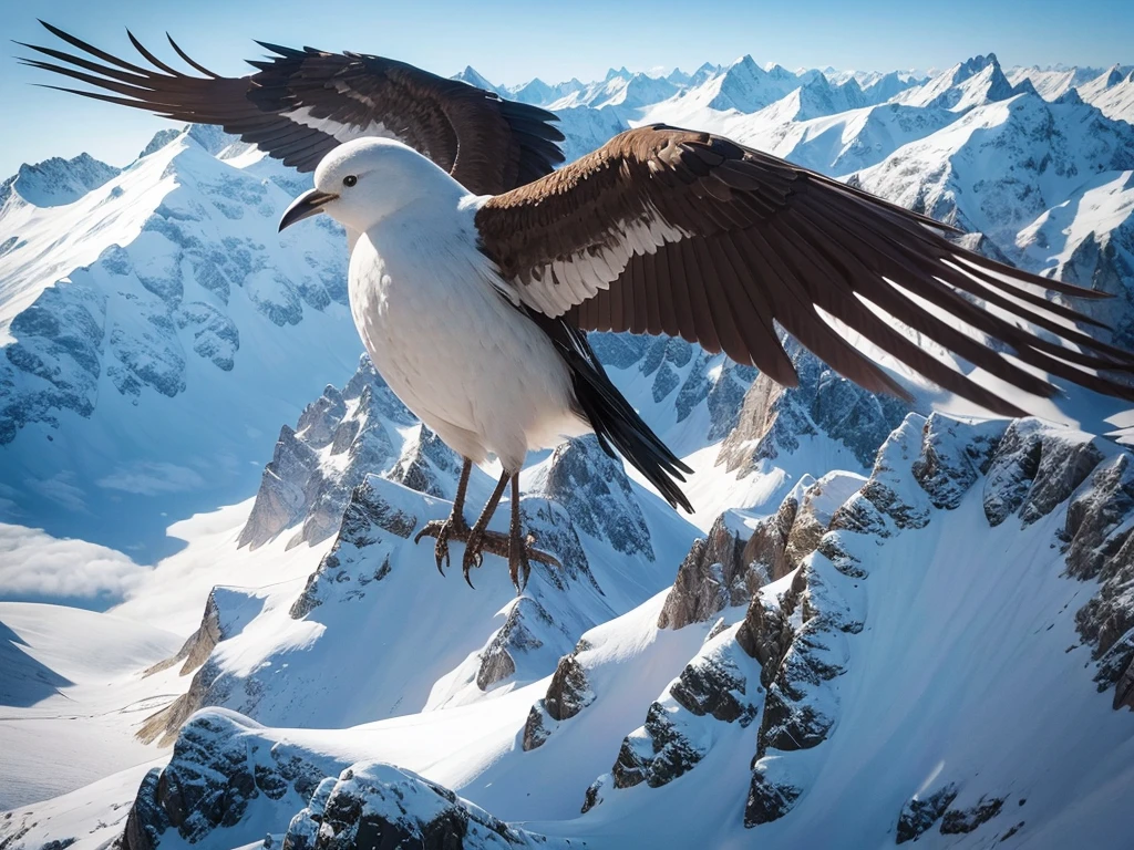 Beautiful forest, majestic bird flight, high mountains of the Alps, one bird