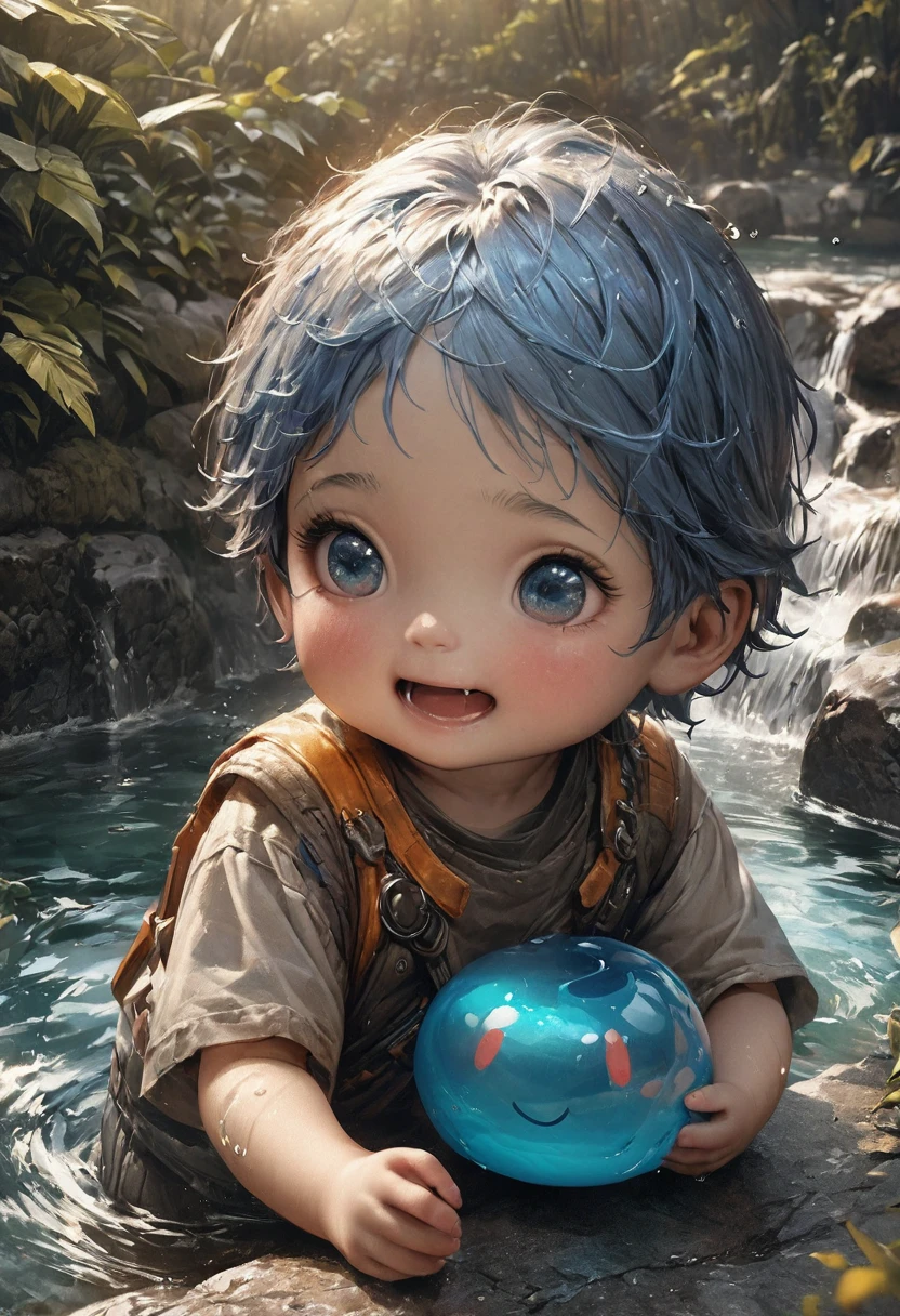 (((masterpiece))), (highest quality), (Ultra-high resolution), (best quality), (ultra detail), Colorful slime、Cute expression、 with blue hair、In the great outdoors、Realistic representation、Cool illustrations、Realistic representation of water、Octane Rendering Style、