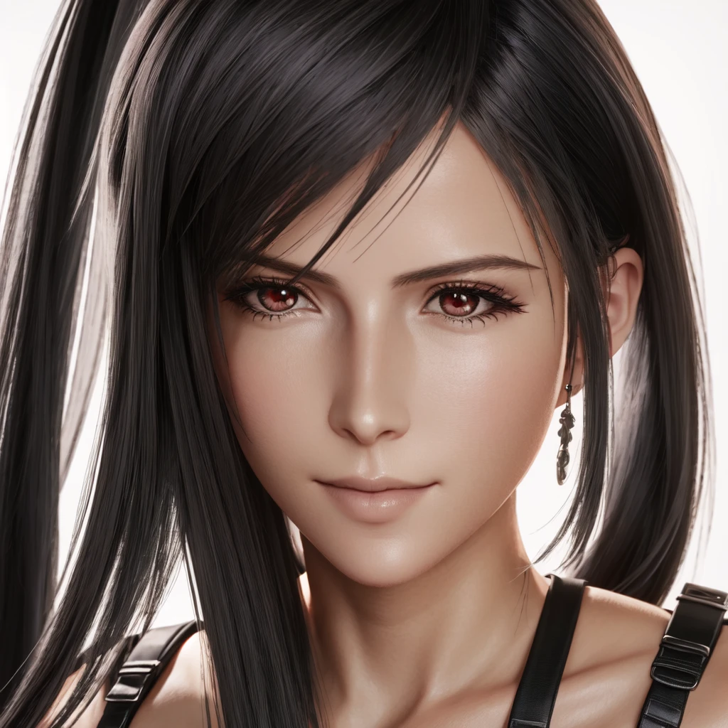 Highly detailed photo of Tifa Lockhart posing, Final Fantasy 7 Remake, Red eyes, Complex, High resolution, 8K, Detailed Hair, Detailed skin, masterpiece, Very long hair,  Award-winning photography, Sharp focus, Dramatic lighting, Unreal Engine 5, Full Body Shot 