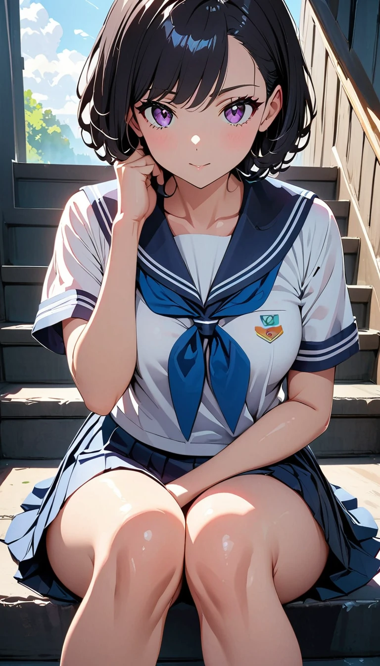 (Anime works, Anime Style, Studio Anime, Very detailed, Latest, Vibrant, Anime Coloring, High Contrast, masterpiece:1.2, Highest quality, Best aesthetics), A woman wearing a sailor suit, Pleated skirt, Medium chest, Thighs glimpsed, Black Hair, Very short hair, Asymmetrical bangs, Perfect proportions, Skin with attention to detail, cute, Detailed face, At the top of the stairs, Sitting, (Accurate fingertips, Browse 4, Thumb 1),