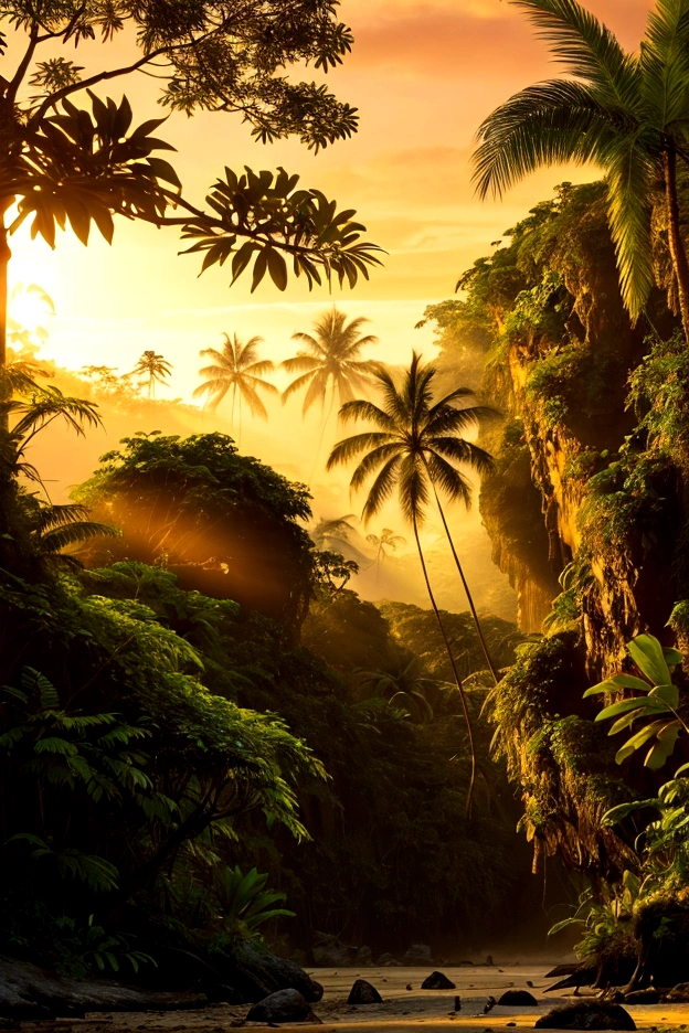 /Imagine Prompt: Visualize expert nature photography. This image shows a breathtaking landscape., Tropical Jungle . The lighting is golden hour