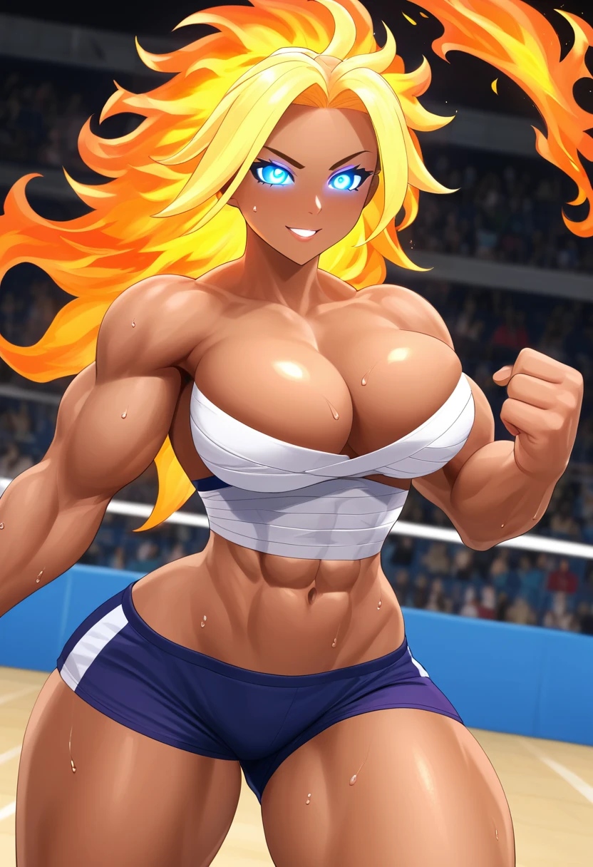 Prompt
detailed illustration, (front view), (side view),dynamic angle, ultra-detailed, illustration, clean line art, shading, anime, detailed eyes, detailed face, beautiful face, dramatic lighting, detailed illustration, dynamic angle, ultra-detailed, illustration, single woman
Fit, toned abs, ((volleyball shorts)), ((fundoshi breast wrap)), volleyball player, big round ass, big tits, caramel tan skin, dark skin tone, wide hips, narrow waist, thunder thighs, (blazing blonde hair), (glowing eyes), glowing sclera, muay thai wraps, small strong biceps, sweat, ((bandaged breasts)), flaming hair, hair is fire, flames rolling down skin, clothes catching on fire,