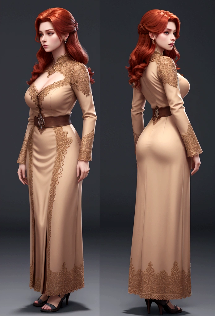 a young woman, redhead, medium height, full body T-pose frontal and side view, detailed face, detailed clothing, intricate hairstyle, cinematic lighting, photorealistic, 8k, high quality, digital art