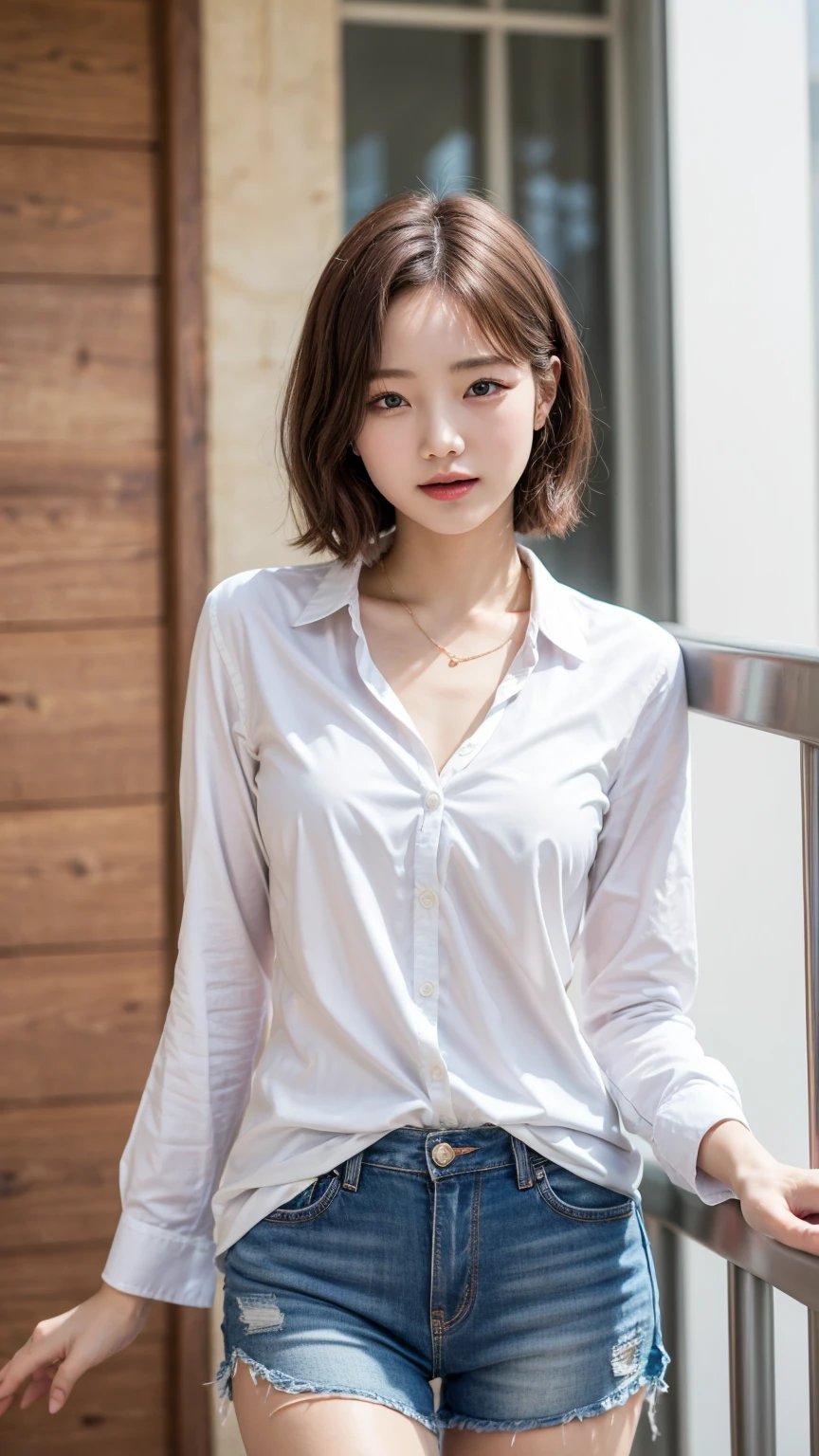 Young wife hanging out laundry on the balcony、Super detailed、Particles of light:0.5、Shiny and smooth skin texture、Put your hands on the railing、Beautiful clear blue eyes、dorsal position、Mouth half open、Natural Texture、Short Hair、、Mature slender beauty、Small breasts、Dignified face、Boyfriend Shirt