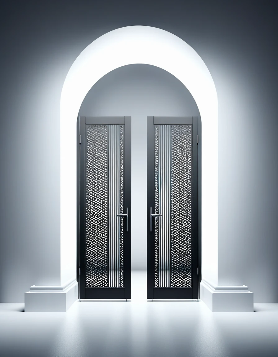 Use a 3D digital illustration style, Ether Gate, Front view, Symmetric, Volumetric lighting,Minimalist, Plain background, High Contrast, Ultra-high resolution，clean，Neat，real